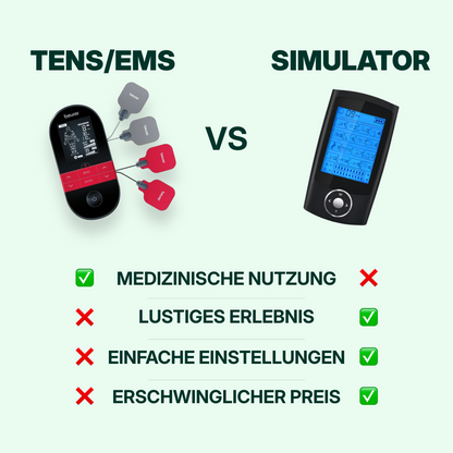 Perioden Simulator Vergleich: TENS/EMS-Gerät gegenüber dem Perioden Simulator mit Vorteilen wie lustiges Erlebnis, einfache Einstellungen und günstiger Preis